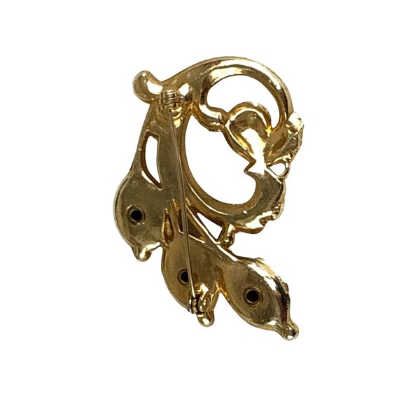 Vintage Gold Tone Brooch Purple Rhinestones Faux Pearls Leaf Design - Picture 2 of 8